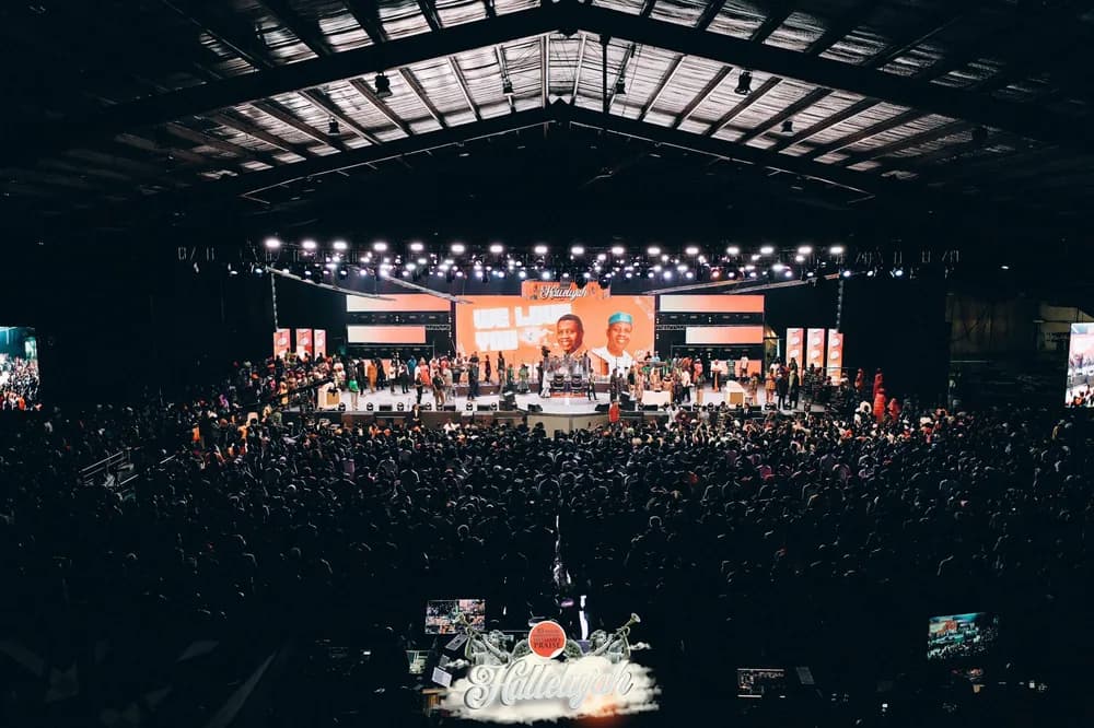 Congregation praising with hands raised